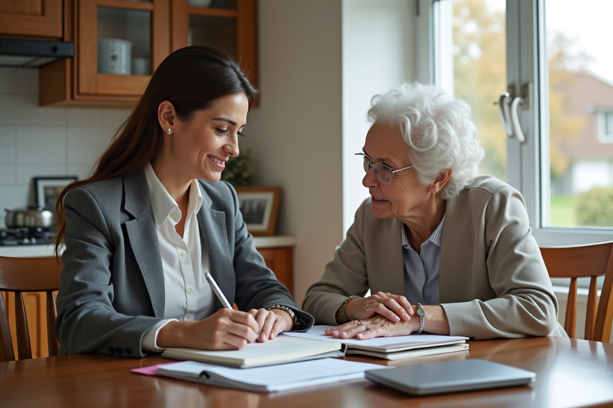 Femme en costume gris aidant une femme âgée à la maison