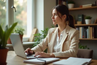 Femme professionnelle réfléchissant dans son bureau à domicile, illustrant l'équilibre entre vie privée et carrière